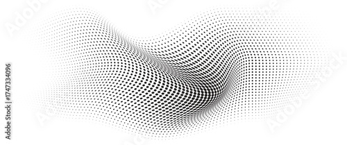 Flowing Wave Dot Halftone Pattern: Curve Gradient Shape on Transparent Background. Suitable for AI, Tech, Network, Digital, Science, and Technology Themes.