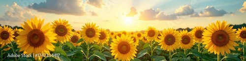Sunflowers Basking in Golden Sunlight A Breathtaking Field of Tall Stalks Reaching for the Heavens, showcasing natures vibrant beauty in a close-up view of wildflowers and leaves.