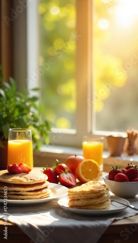 Sunlit Family Breakfast A Cheerful Morning of Pancakes, Fruit, and Joy