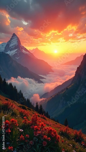 Cosmic Dawn Golden Hour Landscape Photography, Serene Mist-Shrouded Mountains at Sunrise, Peaceful Expansive View