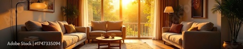 Serene Sunlight Streams into Cozy Living Room, Illuminating Comfortable Furniture and Inviting D?cor, Creating a Peaceful Atmosphere