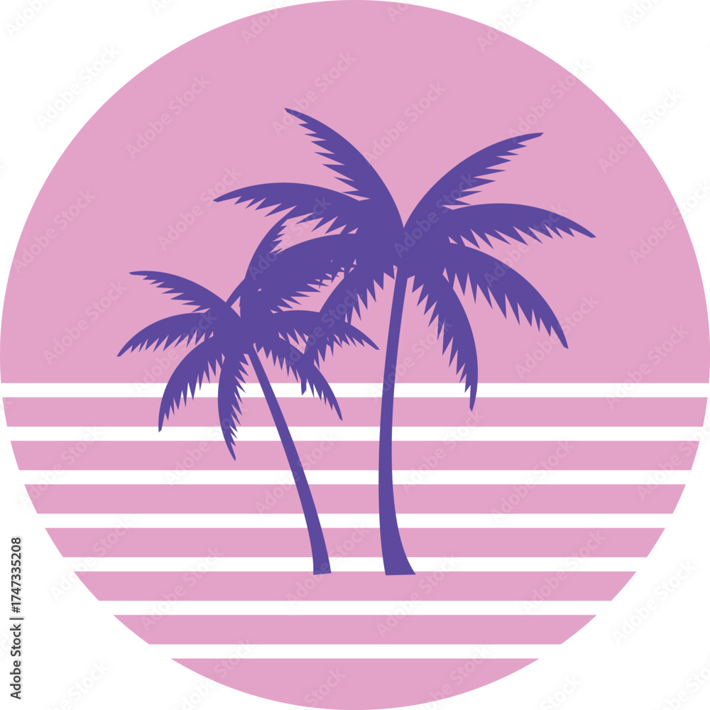 Fototapeta premium Purple Palm Trees and Pink Stripes in a Circle