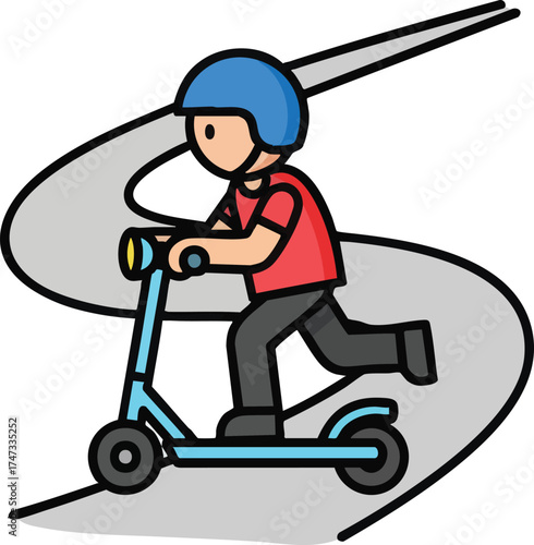 Cartoon illustration of a person riding a kick scooter while wearing a helmet.