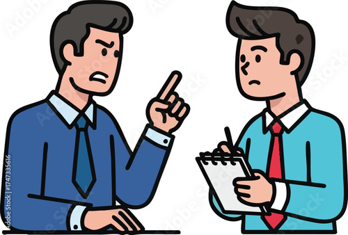 Two businessmen in disagreement one pointing the other taking notes.