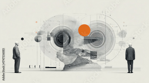 Abstract composition featuring a fragmented head silhouette between two business figures, geometric patterns, circles, and subtle orange accents, evoking technology and connection.