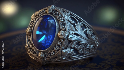 A regal and exquisitely crafted silver ring with a mesmerizing blue sapphire gemstone, an emblem of timeless elegance.
