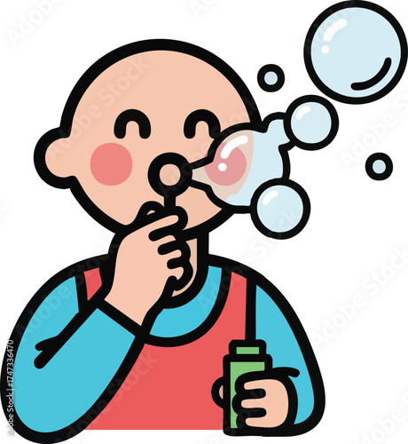 Happy child blowing bubbles with a bubble wand and solution.