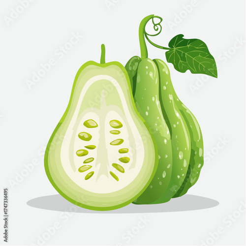 Green calabash gourd cut in half with leaf