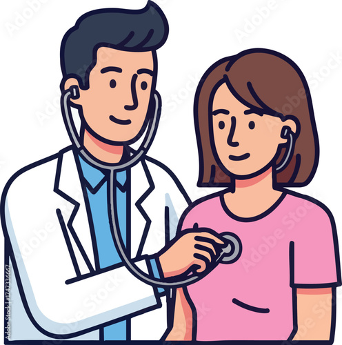 Doctor examining female patient with stethoscope during medical checkup.