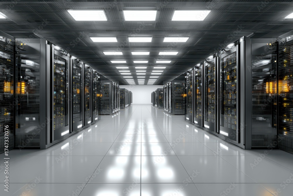 Fototapeta premium A data center with rows of servers and bright lights overhead. Use to visualize cloud computing or big data concepts.