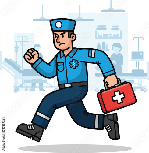 Paramedic Running Urgently with First Aid Kit.