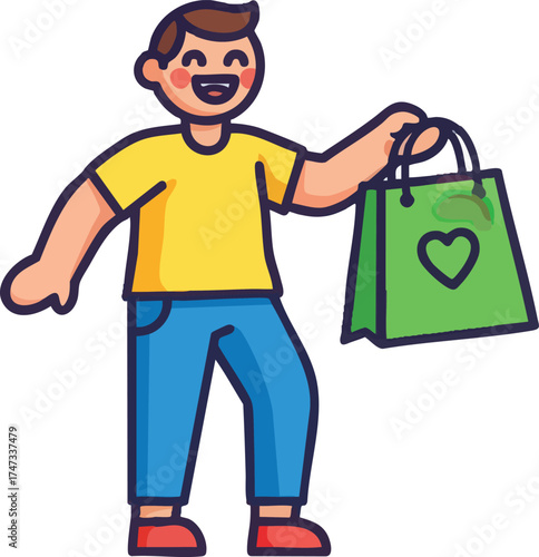 Happy Man Holding Shopping Bag with Heart Symbol.