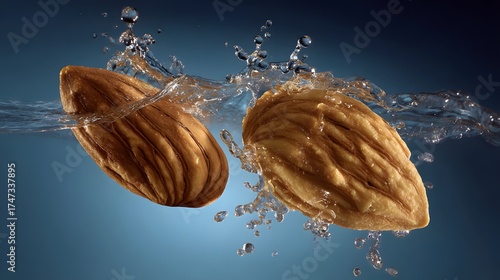Two Almonds Creating a Dynamic Splash in Clear Water.
