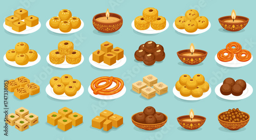 Assorted Indian sweets and diya oil lamps are displayed on plates and bowls against a solid light blue background