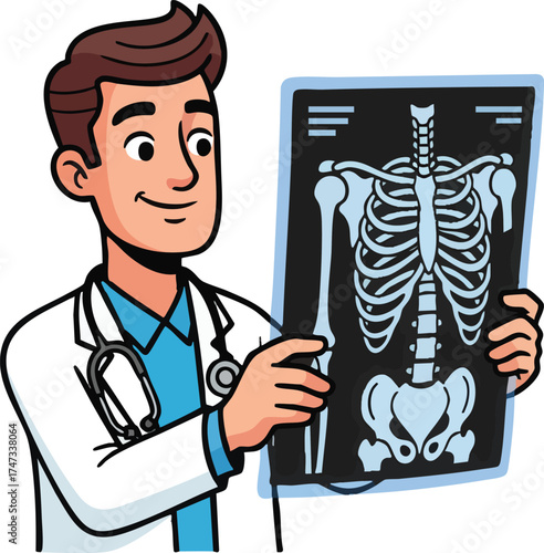 Cartoon Doctor Examining XRay of Human Skeleton.
