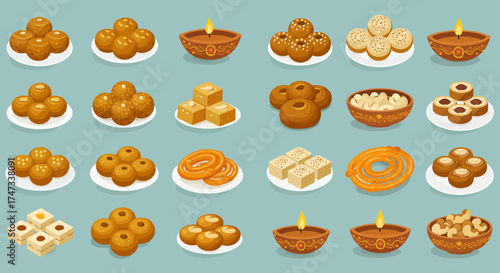 Cartoonstyle illustration showing various Indian sweets and diya oil lamps on a light blue background