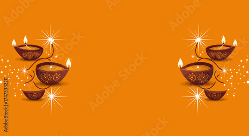 Diwali decor lit clay lamps white stars on an orange background