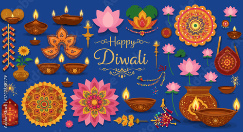 Diwali decor on blue oil lamps lotuses fireworks  mandalas Happy Diwali text