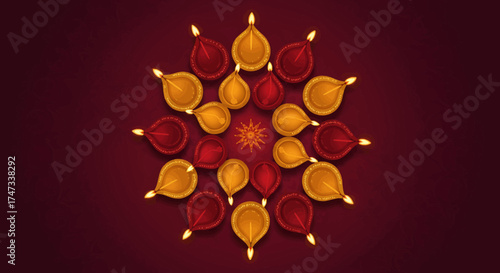 Diwali diya lamps arrangement on maroon backdrop symmetric pattern with central star design
