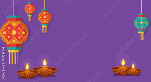 Diwali illustration lanterns and lit oil lamps against a purple background