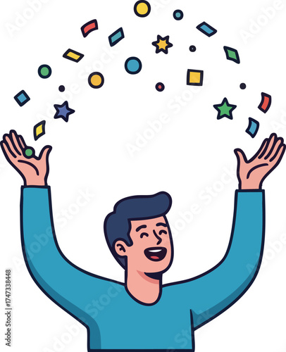 Happy man celebrating success with confetti falling around him.