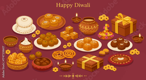 Diwali layout with sweets gifts oil lamps and floral decorations on a maroon surface