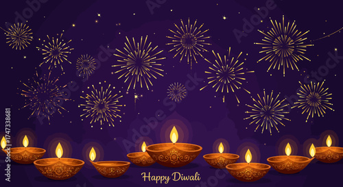 Diwali scene lit diyas below golden fireworks against a purple background with Happy Diwali text