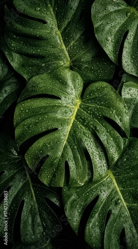 Close up of a leafy green plant with droplets of water on it. Concept of freshness and vitality