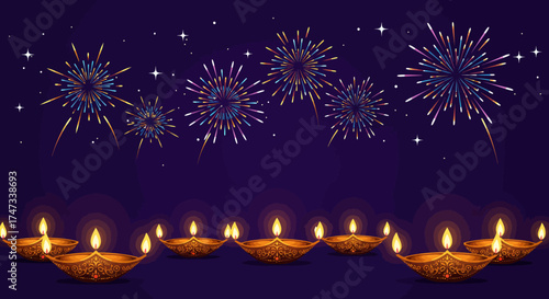 Diwali scene Oil lamps below colorful firework bursts in a dark starspeckled night sky