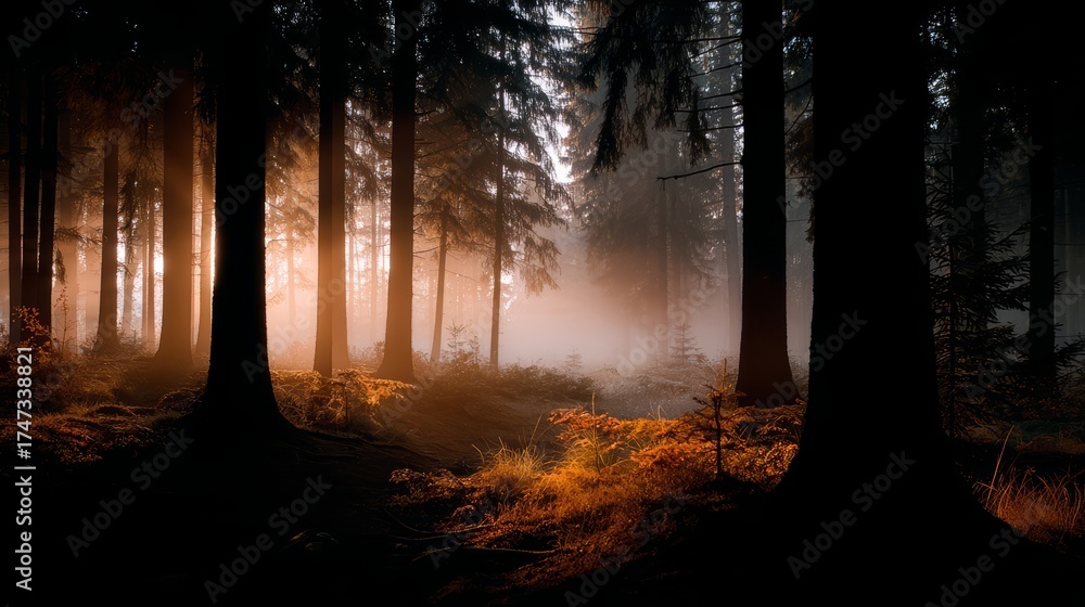 Fototapeta premium Forest with trees in the foreground and background. The trees are tall and dark, and the sky is orange