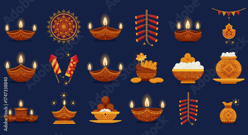 Diwali symbols lamps fireworks sweets  mandala on a dark blue backdrop