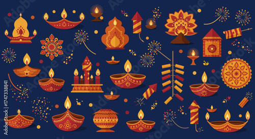 Diwalithemed graphics decorative oil lamps diyas fireworks  floral patterns on dark blue background
