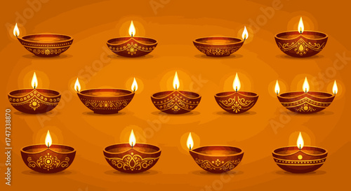 Eleven lit diya lamps set on a golden gradient background showcase traditional designs and warm light