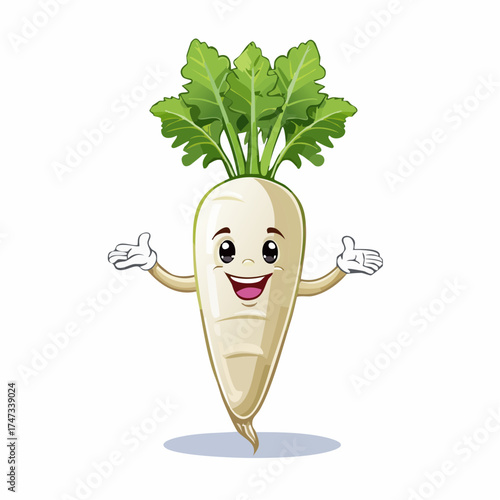 Happy white radish cartoon character