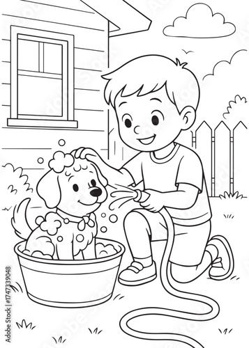 coloring book boy washing dog with hose in backyard, fun pet care activity illustration