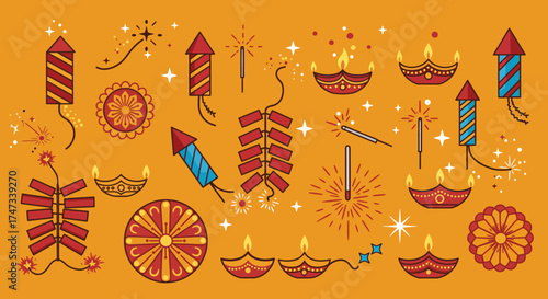 Festive scene with rockets sparklers firecrackers  oil lamps on a golden background