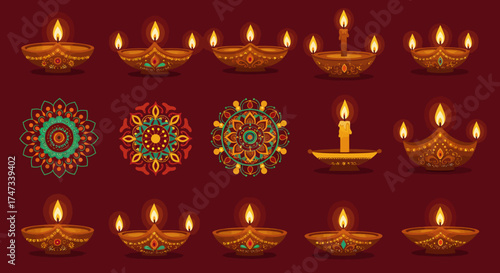 Fifteen items stylized lamps  circular designs gold  colored details on a dark red background