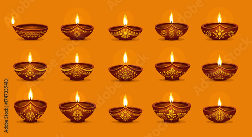 Fifteen lit intricately decorated oil lamps diyas in a 3x5 grid set against an orange background