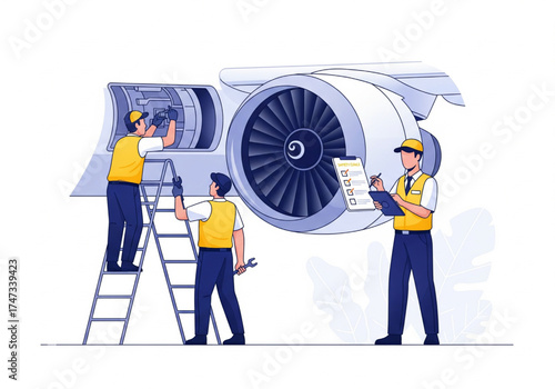 Aircraft engine maintenance team checking airplane turbine vector illustration
