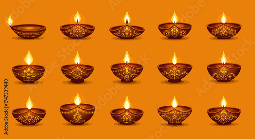 Fifteen lit brown clay oil lamps decorated with gold on an orange background