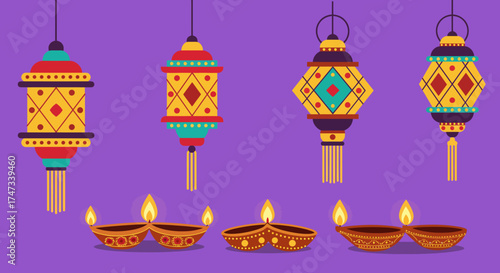 Four hanging lanterns and three pairs of lit diya lamps on a purple backdrop