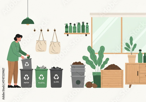 :
Waste sorting and recycling at home eco lifestyle flat vector illustration
