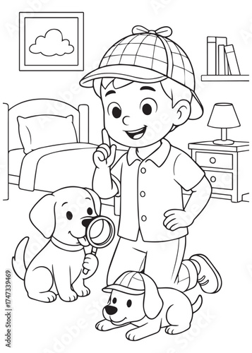 coloring book boy detective with magnifying glass and dog, fun role play illustration