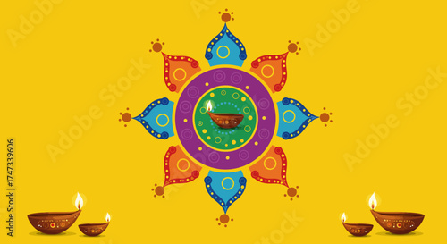 Illustration a mandala with lamps set against a yellow backdrop
