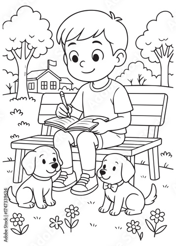 coloring book boy reading on bench with dog outdoors, peaceful activity illustration