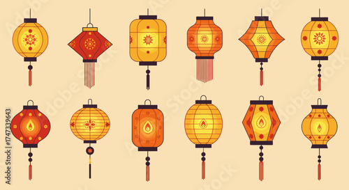 Illustration of twelve diverse hanging Asianstyle lanterns in varying shapes and colors adorned with tassels and intricate designs