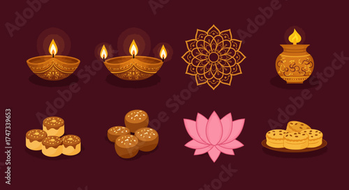 Illustration shows lit diyas sweets a lotus and a mandala against a maroon backdrop celebrating a cultural occasion