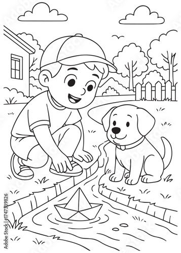 coloring book boy playing paper boat with dog by stream, outdoor fun illustration