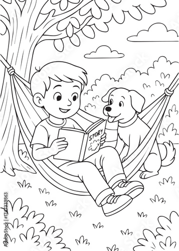 coloring book boy reading book on hammock with dog, outdoor peaceful activity illustration