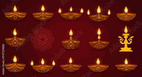 Maroon background with an array of lit Diya lamps intricate designs  a candelabra